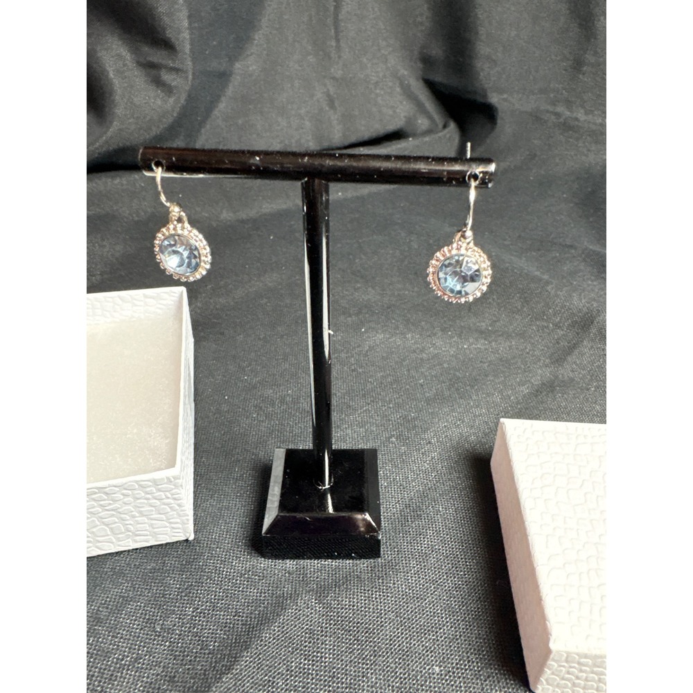 Vintage Style Light Blue Crystal Halo Drop Earrings Silver Tone Leverback Round